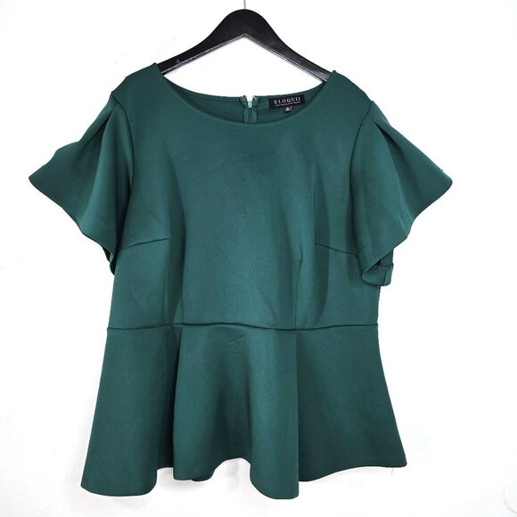 Eloquii Forest Green Flutter Sleeve Peplum Top - Picture 2 of 9